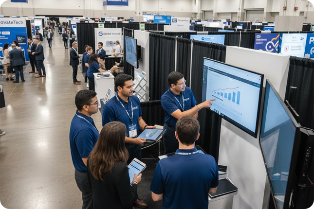 LeadExpo benefits for exhibitors and sales teams including faster lead capture, no lost business cards, organized follow-ups, reduced errors, improved productivity, and anytime access to lead data