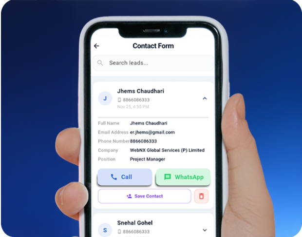LeadExpo instant follow-up features including WhatsApp messaging, in-app calling, lead assignment, and adding remarks or reminders after form submission Smart Lead Capture Form Builder