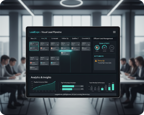 LeadExpo lead status and pipeline showing visual stages, efficient lead management, real-time updates, analytics insights, and integration with QR, AI scan, and website auto-sync features
