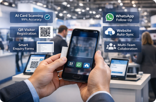 Digital lead management tools by LeadExpo including AI card scanner, QR visitor registration, and WhatsApp follow-ups